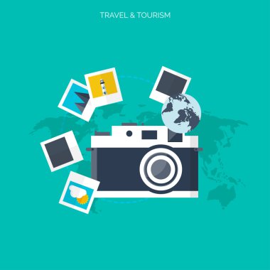 Dünya seyahat kavramı arka plan. Düz simgeler. Turizm kavramı görüntü. Tatil ve tatil. Deniz, okyanus, kara, hava seyahat.