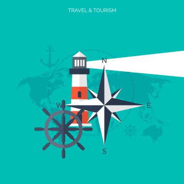 Dünya seyahat kavramı arka plan. Düz simgeler. Turizm kavramı görüntü. Tatil ve tatil. Deniz, okyanus, kara, hava seyahat.