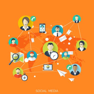 Düz sosyal medya ve ağ kavramı. İş geçmişi, küresel iletişim. Web sitesi profil avatarları. İnsanlar arasındaki bağlantı. Harita-Forum.