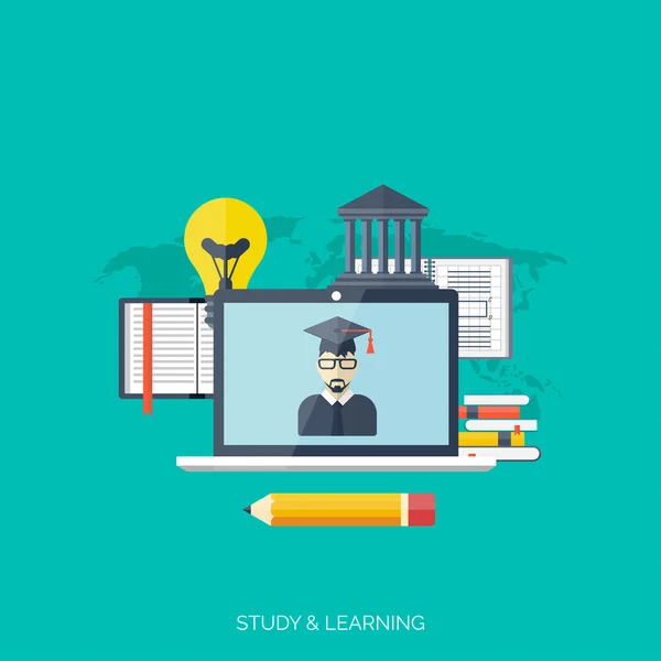 Fondo de educación concepto plano. De vuelta a la escuela. Enseñanza a distancia. Estudio en univercidad . — Vector de stock