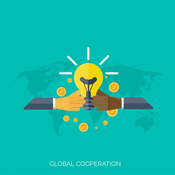 Mãos planas. Contexto do conceito de cooperação global. Negócios e produção de dinheiro. Marketing e gestão. Trabalho em equipe e brainstorm . — Vetor de Stock