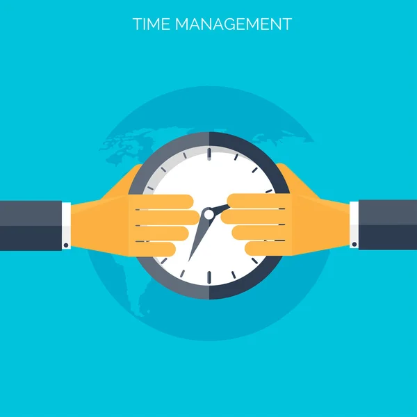 Flat hands with clock. Time management concept background — Stock Vector