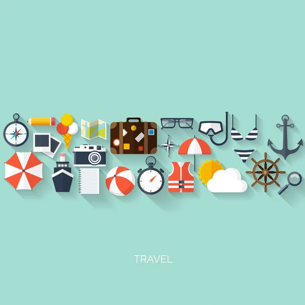 Concepto de viaje mundial. Iconos planos. Imagen del concepto de turismo.Vacaciones y vacaciones.Mar, océano, tierra, aire viajando . — Archivo Imágenes Vectoriales
