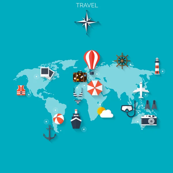 Abstract map.World travel concept background.  Flat icons. Tourism concept image.Holidays and vacation.Sea, ocean, land, air travelling. — Stock Vector