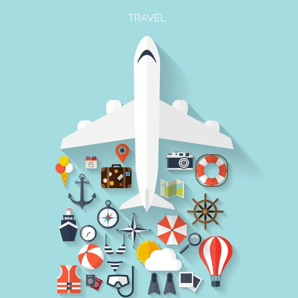 Concepto de viaje mundial fondo, plano. Iconos planos. Imagen del concepto de turismo.Vacaciones y vacaciones.Mar, océano, tierra, aire viajando . — Vector de stock