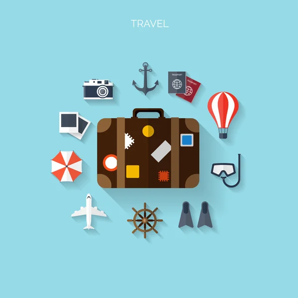 Концепция путешествий по миру. Плоские иконки. Туризм концепции image.Holidays и vacation.Sea, океан, земля, воздушные путешествия . — стоковый вектор