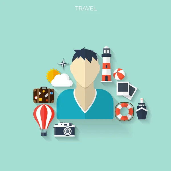 Concepto de viaje mundial. Iconos planos. Imagen del concepto de turismo.Vacaciones y vacaciones.Mar, océano, tierra, aire viajando . — Vector de stock