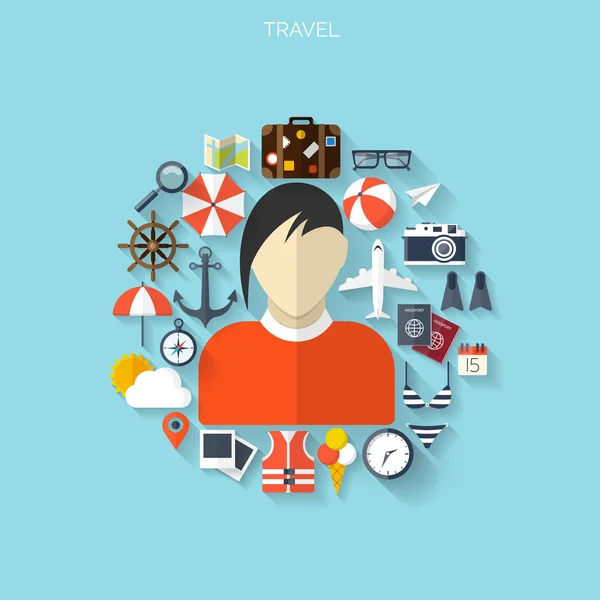 Concepto de viaje mundial. Iconos planos. Imagen del concepto de turismo.Vacaciones y vacaciones.Mar, océano, tierra, aire viajando . — Vector de stock