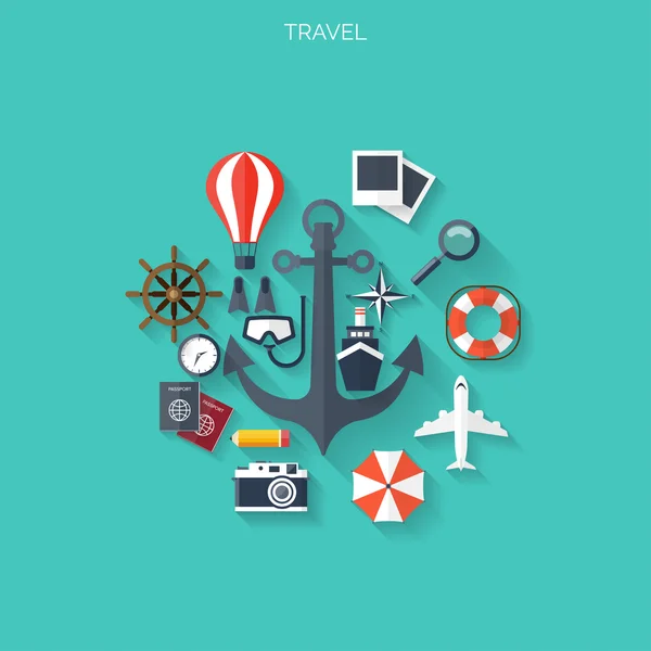 Concepção de viagem mundial. Ícones planos. Imagem de conceito de turismo Férias e férias.Mar, oceano, terra, ar viajando . — Vetor de Stock