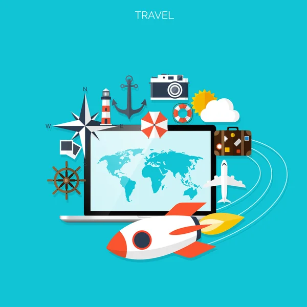 世界旅行概念背景。平的图标。旅游概念形象。节日和假日。海、 海洋、 陆地、 航空旅行. — 图库矢量图片
