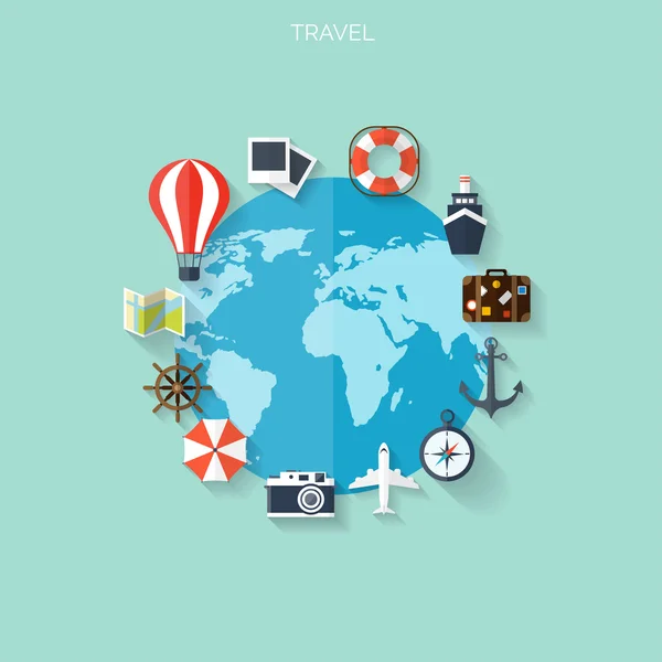 Concepto de viaje mundial. Iconos planos. Imagen del concepto de turismo.Vacaciones y vacaciones.Mar, océano, tierra, aire viajando . — Archivo Imágenes Vectoriales