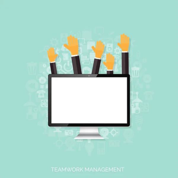 Teamwork management concept. Flat icons. Global communication and working experience. Business, briefing organization. Money making and analyzing. — Stock Vector