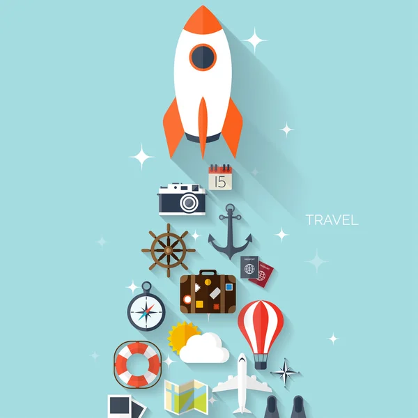 Concepto de viaje mundial. Iconos planos. Imagen del concepto de turismo.Vacaciones y vacaciones.Mar, océano, tierra, aire viajando . — Vector de stock