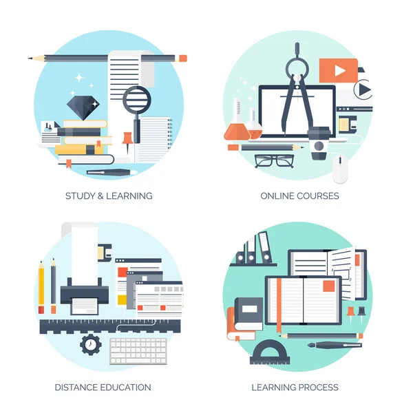 Ilustração vetorial plana. Estudo e aprendizagem fundo conceito definido. Educação à distância, brainstorm e crescimento do conhecimento, matérias escolares e universitárias.Sucesso e ideias inteligentes, competências . —  Vetores de Stock