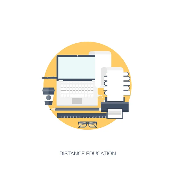 Ilustração vetorial plana. Estudo e aprendizagem fundo conceito. Educação à distância, brainstorm e crescimento do conhecimento, matérias escolares e universitárias.Sucesso e ideias inteligentes, competências . —  Vetores de Stock