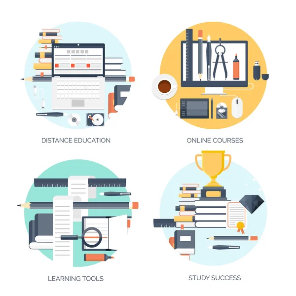 Ilustração vetorial plana. Estudo e aprendizagem fundo conceito definido. Educação à distância, brainstorm e crescimento do conhecimento, matérias escolares e universitárias.Sucesso e ideias inteligentes, competências . — Vetor de Stock