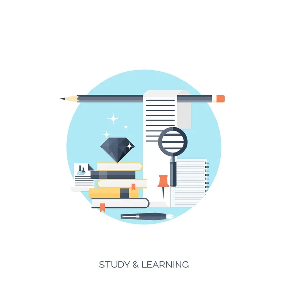 Illustrazione a vettore piatto. Contesto di studio e apprendimento. Istruzione a distanza, brainstorming e crescita della conoscenza, materie scolastiche e universitarie. . — Vettoriale Stock