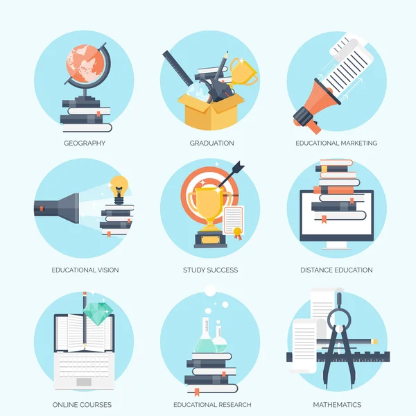 Flat vector illustration. Study and learning concept backgrounds set. Distance education, brainstorm and knowledge growth,school and university subjects.Success and smart ideas, skills up. — Stock Vector