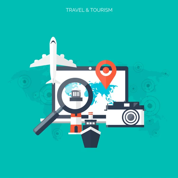 Concepto de viaje mundial. Iconos planos. Imagen del concepto de turismo.Vacaciones y vacaciones.Mar, océano, tierra, aire viajando . — Vector de stock