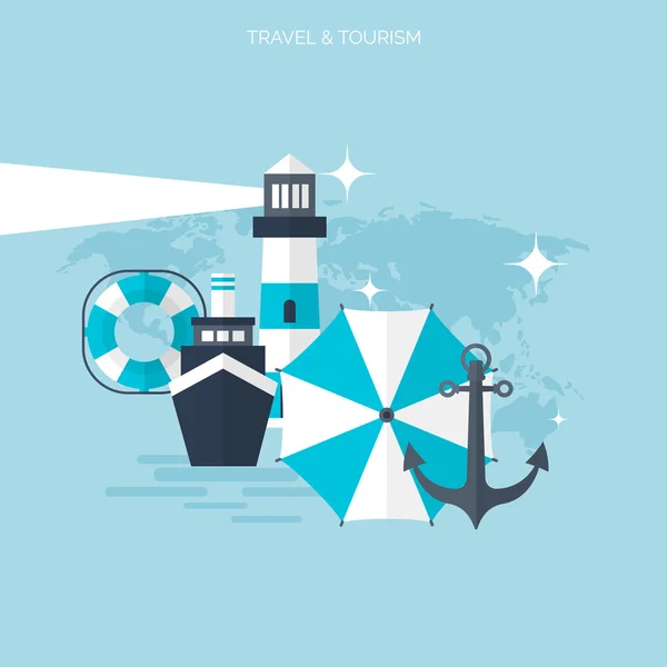 Concepção de viagem mundial. Ícones planos. Imagem de conceito de turismo Férias e férias.Mar, oceano, terra, ar viajando . —  Vetores de Stock
