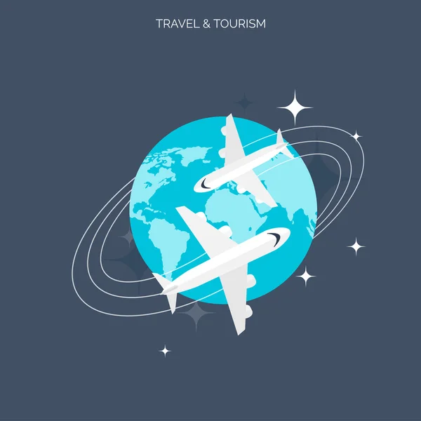 비행기 아이콘입니다. 세계 여행 컨셉 배경입니다. 플랫 아이콘입니다. 관광 개념 이미지입니다. 휴일 및 휴가 바다, 바다, 땅, 공기 여행. — 스톡 벡터