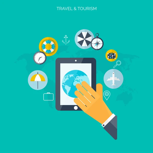 Concepto de viaje mundial. Iconos planos. Imagen del concepto de turismo.Vacaciones y vacaciones.Mar, océano, tierra, aire viajando . — Vector de stock