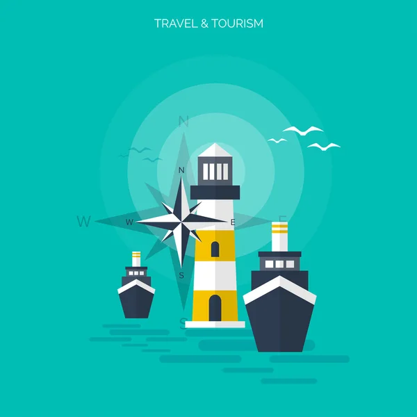 Welt-Reise-Konzept Hintergrund. Flache Symbole. Tourismuskonzept image.holidays and vacation.sea, ocean, land, air travel. — Stockvektor