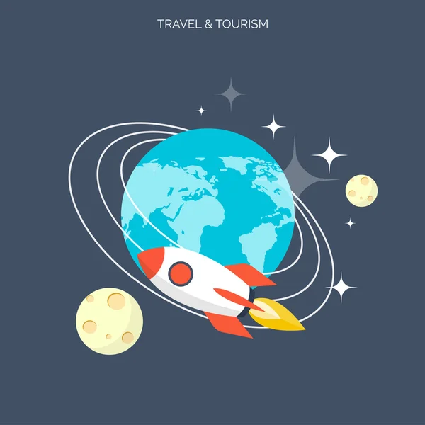 Икона ракеты. Концепция путешествий по миру. Плоские иконки. Туризм концепции image.Holidays и vacation.Sea, океан, земля, воздушные путешествия . — стоковый вектор