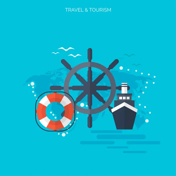 Dünya seyahat kavramı arka plan. Düz simgeler. Turizm kavramı görüntü. Tatil ve tatil. Deniz, okyanus, kara, hava seyahat. — Stok Vektör
