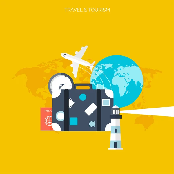 World travel koncepció háttér. Lapos ikonok. Turisztikai koncepció kép. Üdülés és nyaralás. Tenger, óceán, föld, levegő, utazik. — Stock Vector