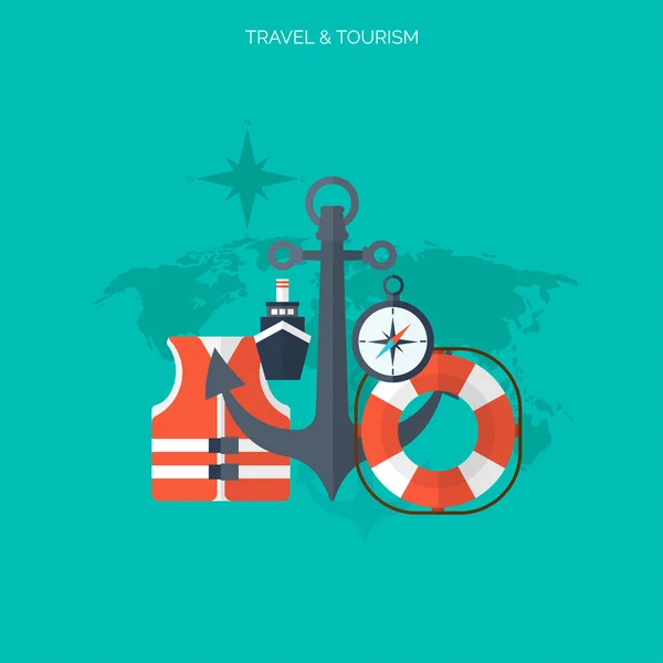 世界旅行の概念の背景。フラット アイコン。観光コンセプト イメージ。休日や休暇。海、海、土地、空気旅行. — ストックベクタ