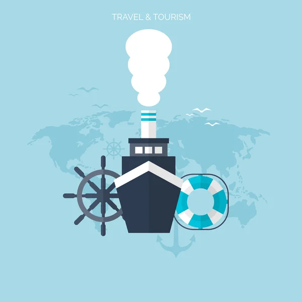 Concepto de viaje mundial. Iconos planos. Imagen del concepto de turismo.Vacaciones y vacaciones.Mar, océano, tierra, aire viajando . — Vector de stock