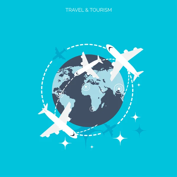 Concepto de viaje mundial. Iconos planos. Imagen del concepto de turismo.Vacaciones y vacaciones.Mar, océano, tierra, aire viajando . — Vector de stock