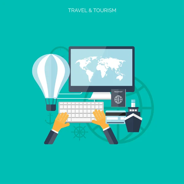 Concepto de viaje mundial. Iconos planos. Imagen del concepto de turismo.Vacaciones y vacaciones.Mar, océano, tierra, aire viajando . — Vector de stock