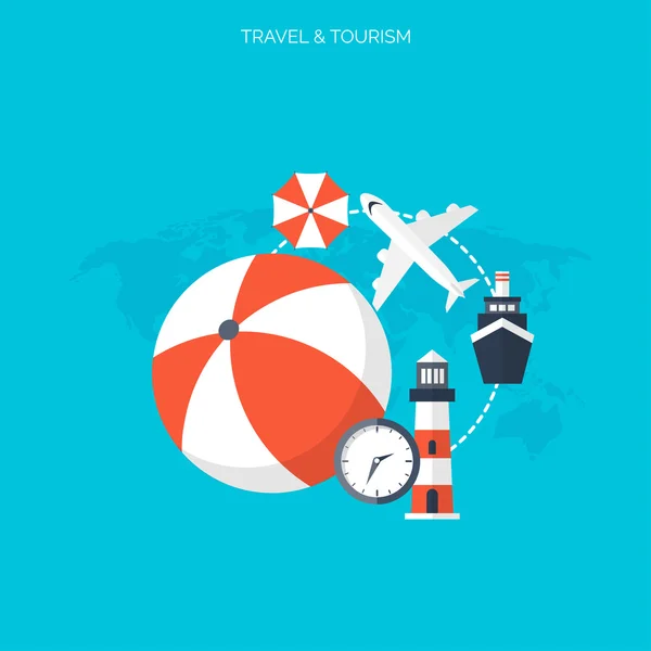 Concepto de viaje mundial. Iconos planos. Imagen del concepto de turismo.Vacaciones y vacaciones.Mar, océano, tierra, aire viajando . — Vector de stock