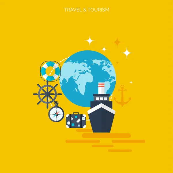 Welt-Reise-Konzept Hintergrund. Flache Symbole. Tourismuskonzept image.holidays and vacation.sea, ocean, land, air travel. — Stockvektor