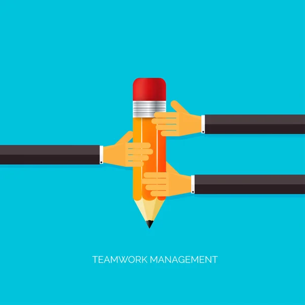 Flat pencil icon in hands. Teamwork management concept. Flat icons. Global communication and working experience. Business, briefing organization. Money making and analyzing. — Stock Vector