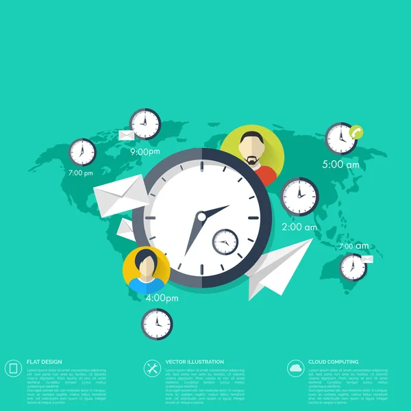 Platte klokpictogram. Wereld tijd concept. Zakelijke achtergrond. Internetmarketing. Dagelijkse infographic. — Stockvector