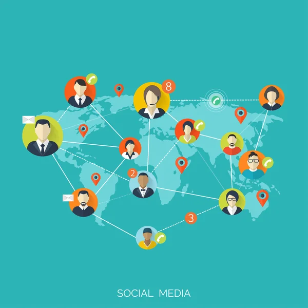 Flat social media and network concept. Business background, global communication. Web site profile avatars. Connection between people. Forum map. — Stock Vector