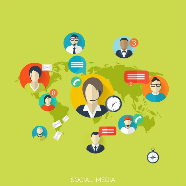 Flat social media and network concept. Business background, global communication. Web site profile avatars. Connection between people. Forum map. — Stock Vector