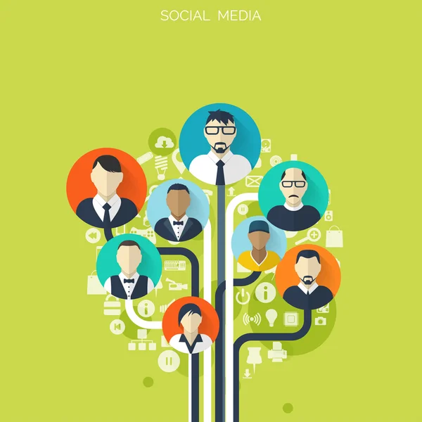 Flat social media and network concept. Business background, global communication. Web site profile avatars. Connection between people. Forum map. — Stock Vector