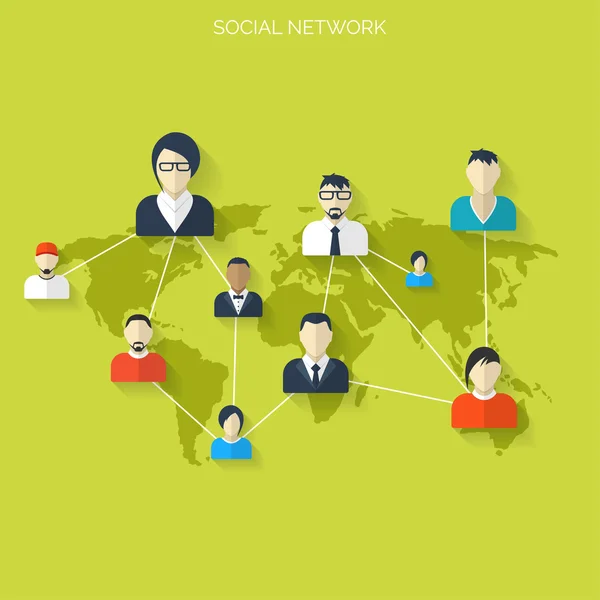 Mídia social plana e conceito de rede. Antecedentes empresariais, comunicação global. Avatares de perfil de site. Ligação entre pessoas. Mapa do fórum . — Vetor de Stock