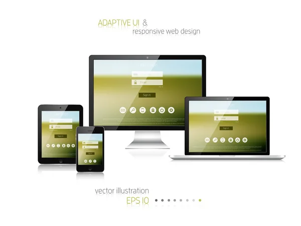 Responsive web design. Adaptive user interface. Digital devises. Laptop, tablet, monitor, smartphone. Web site template concept. — Stock Vector