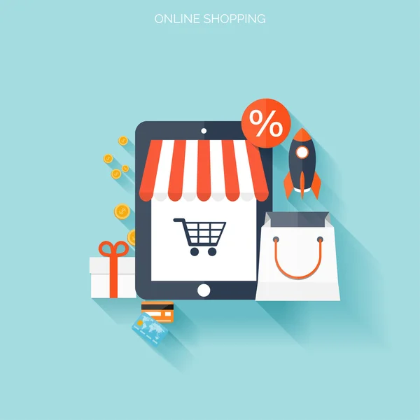 Concept de shopping sur Internet. Commerce électronique. Boutique en ligne. Argent et paiements sur le Web. Payer par clic . — Image vectorielle