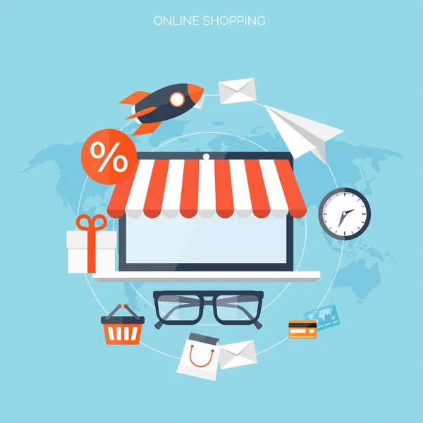 Internet winkelen concept. E-commerce. Online winkel. Web geld en betalingen. Betalen per klik. — Stockvector