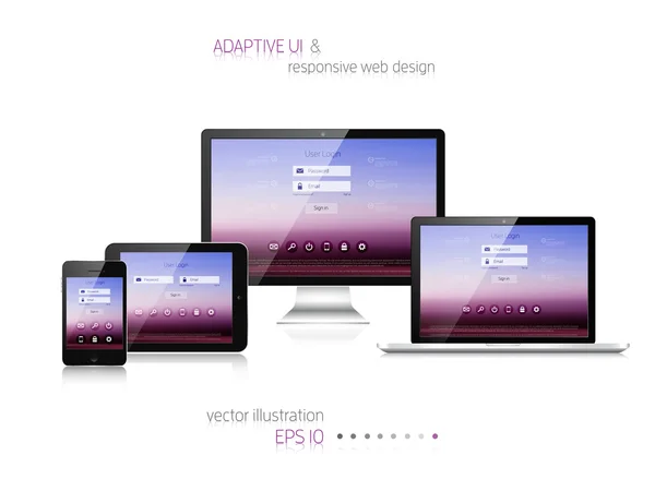 Diseño web sensible. Interfaz de usuario adaptable. Dispositivos digitales. Ordenador portátil, tableta, monitor, teléfono inteligente. Concepto de plantilla de sitio web . — Vector de stock