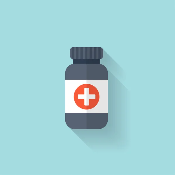 Platte fles met medische pillen pictogram. Tabletten symbool. Gezondheidszorg. — Stockvector