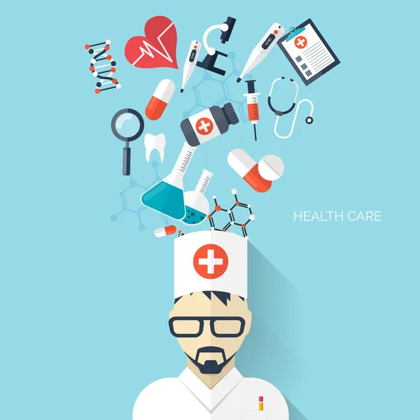 Flat health care and medical research background. Healthcare system concept. Medicine and chemical engineering. — Stock Vector