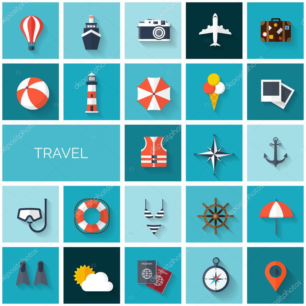 World travel concept background.  Flat icons set. Tourism concept image.Holidays and vacation.Sea, ocean, land, air travelling.