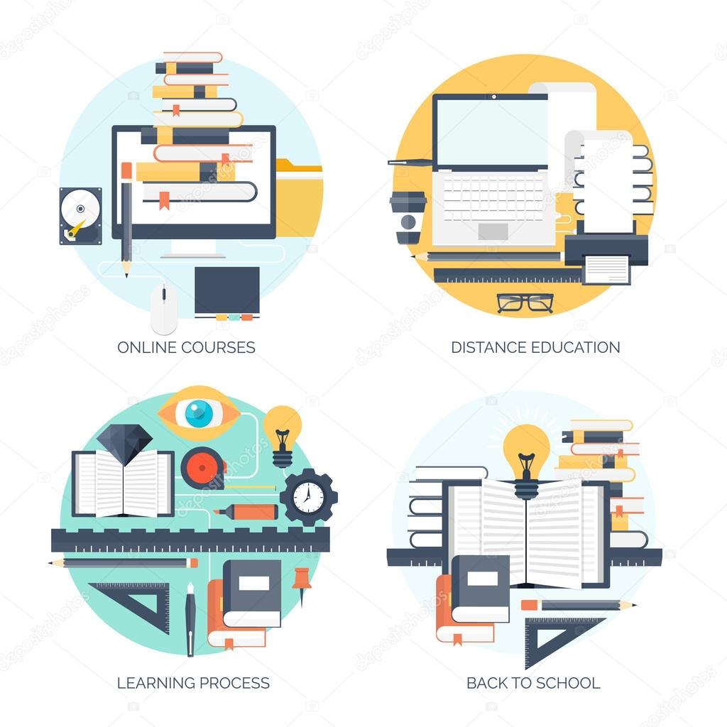 Flat vector illustration. Study and learning concept backgrounds set. Distance education, brainstorm and knowledge growth,school and university subjects.Success and smart ideas, skills up.